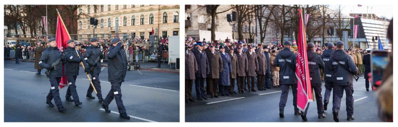 Karoga vienā pusē ir attēlots Latvijas Republikas ģerbonis un iestādes nosaukums, bet otrā – iestādes logotips un devīze “Taisnīgums pret visiem.” 